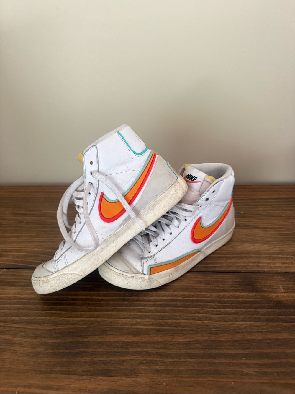 Nike Blazers - White High-Top Sneakers with Orange and Pink Swoosh